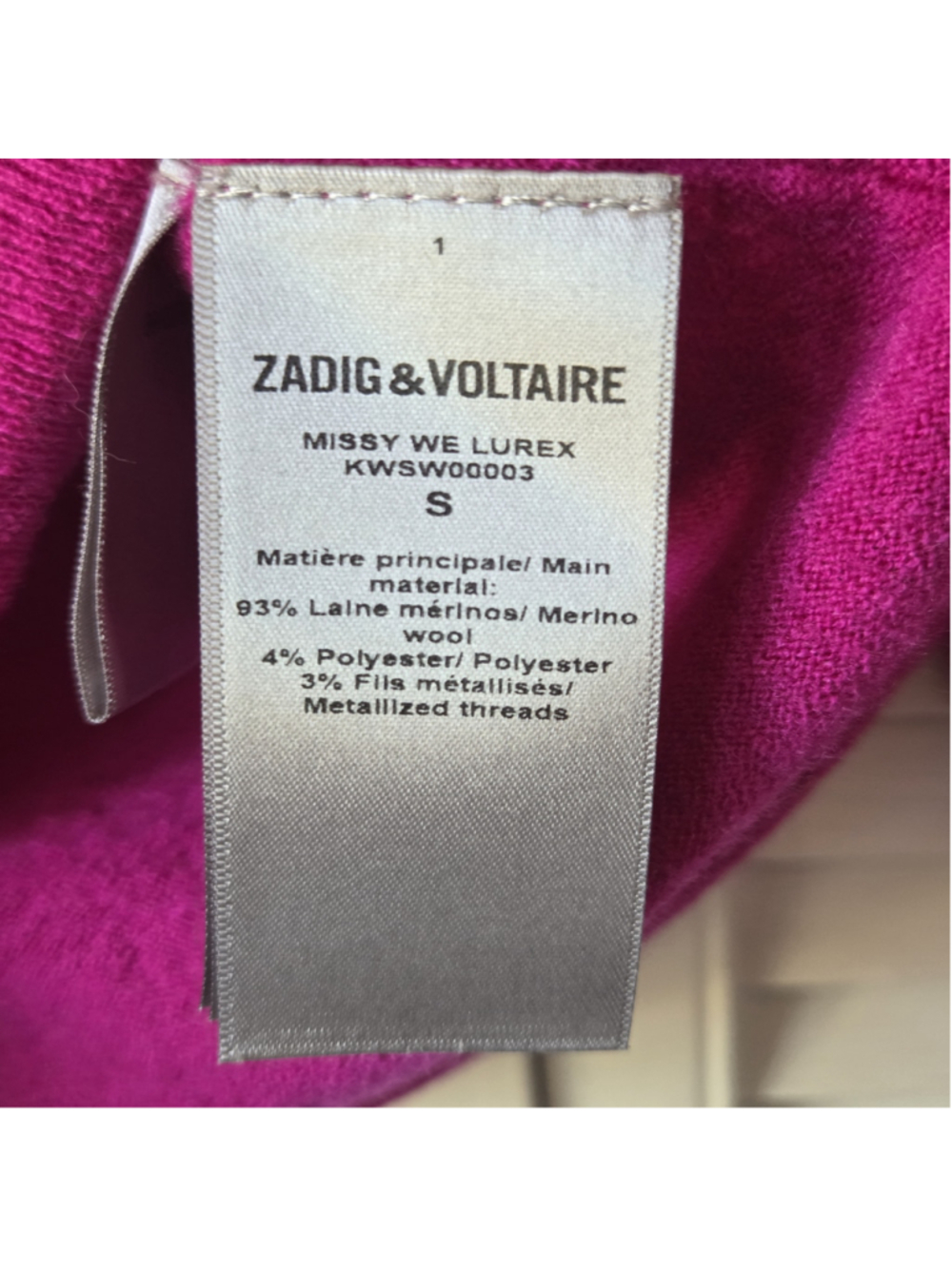 Women's ZADIG & VOLTAIRE Fuchsia & Silver Crew Neck Sweater S - Picture 7 of 13